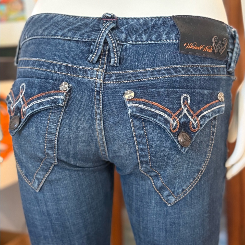 Blue Boot Cut Jeans with Stretch and Vintage Fading